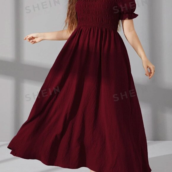 SHEIN Mulvari Plus Shirred Puff Sleeve A-line Dress - Picture 5 of 6